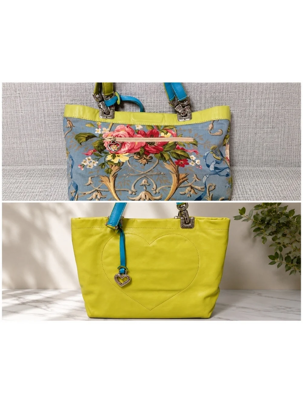 Brighton Reversible Floral Lime Green Heart Tote Bag Blue Handles 11” x 7.5”